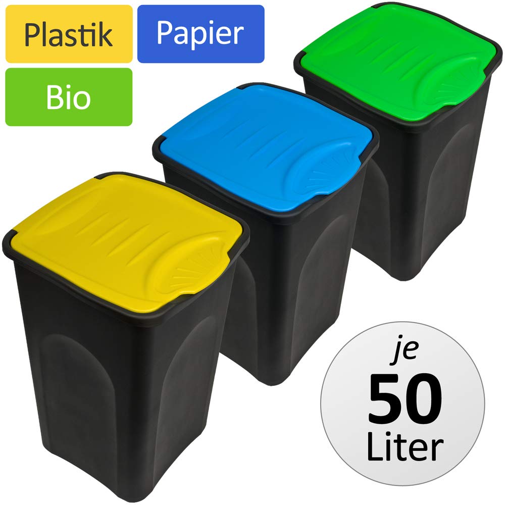 Deuba 3X 50 L Mülleimer mit Klappdeckel Abfalleimer Set Farbliche Deckel Mülltrennsystem Papierkorb Plastikmüll Restmüll