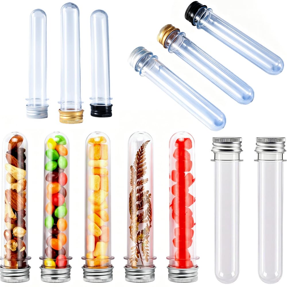 50 botellas de plástico PET vacías de tubo de ensayo cilíndrico transparente con tapa de aluminio de rosca para plantas, especias, caramelos, contenedores portátiles recargables (80 ml, plateado)