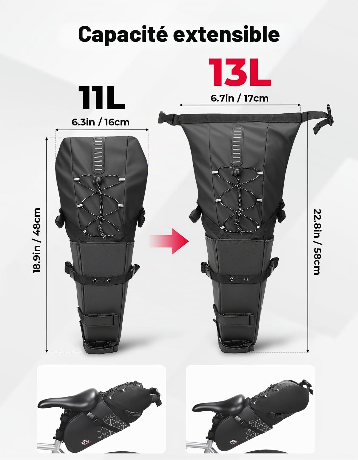 KEMIMOTO Sacoche de Selle Vélo Etanche, 13L Sac de Selle Velo Amovible avec Réfléchissant, Sacoche de Arrière pour Vélo Route de VTT BMX MTB