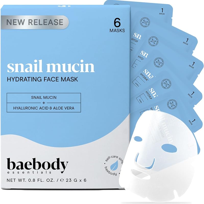 Mascarilla de mucina de caracol Baebody (6 piezas) - Hoja de mascarilla facial hidratante | Ácido hialurónico - Mascarilla facial hidratante para piel joven - Mascarilla facial coreana inspirada - Mascarillas faciales antienvejecimiento Cuidado de la piel