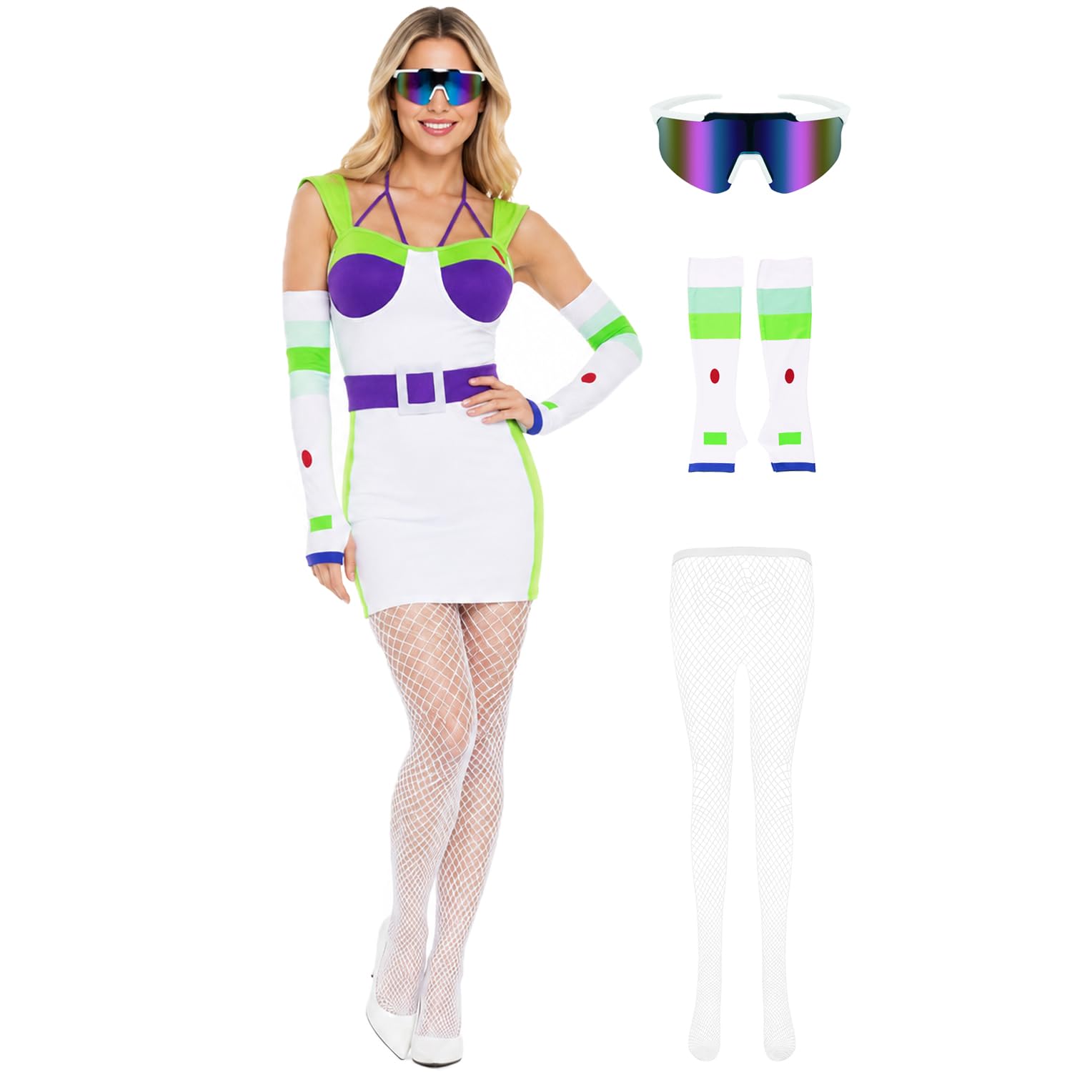AYYOHON Space Ranger Costume Women Buzz Astronaut Bodycon Dress Fishnet Stocking Sunglasses Sleeves Halloween Cosplay Suit S