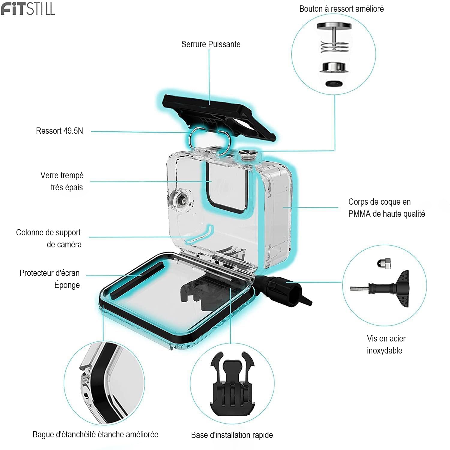 FitStill Coque étanche pour GoPro Hero 8 Black 60 m Boîtier de plongée avec Support Accessoires pour caméra d'action Go Pro Hero8