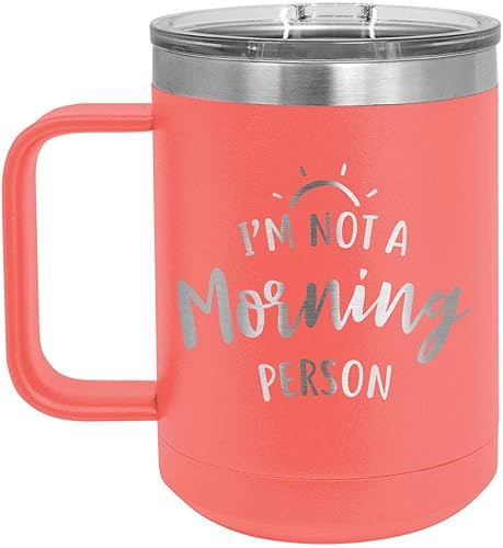 ONLYGIFTS.COM Taza de café con tapa deslizante con texto en inglés "I'm not a MORNING PERSON" de coral de 1.3 fl oz, taza de café con tapa superior