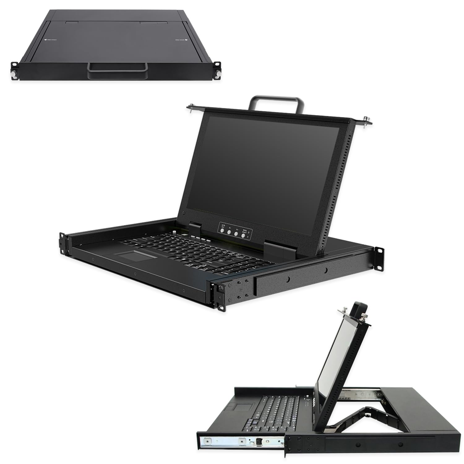 Console KVM à 4 ports avec écran 15,6" 1080p monté en rack, tiroir de commutateur KVM HDMI 1U + clavier + pavé tactile + 4 câbles KVM USB HDMI, interrupteur à bouton OSD pour armoire réseau de 24" à