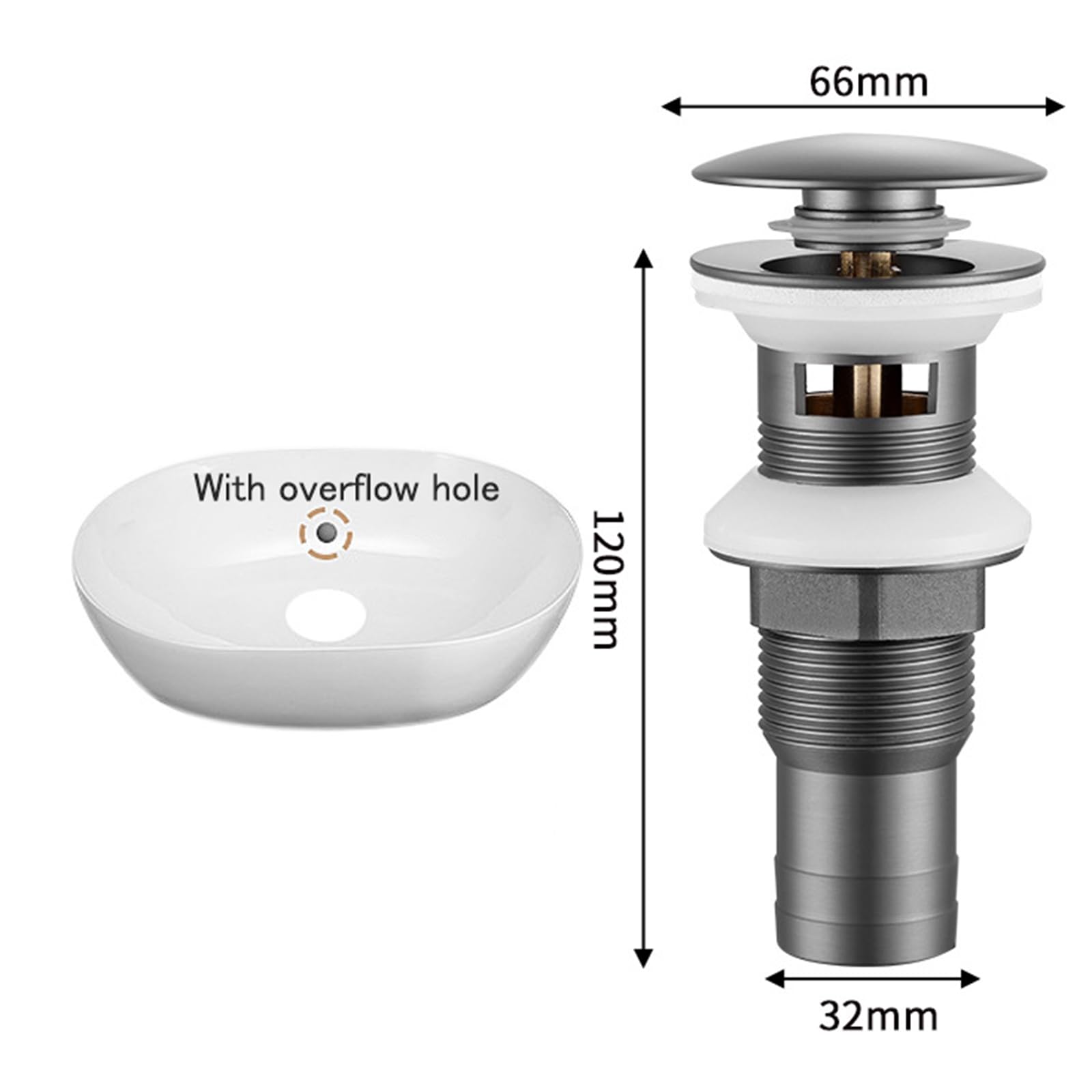 Tubo di scarico per lavello pop-up Tappo per lavabo in ottone con silicone, grigio piombo, forato/non poroso, 21 x 6,6 cm (There Are Holes)