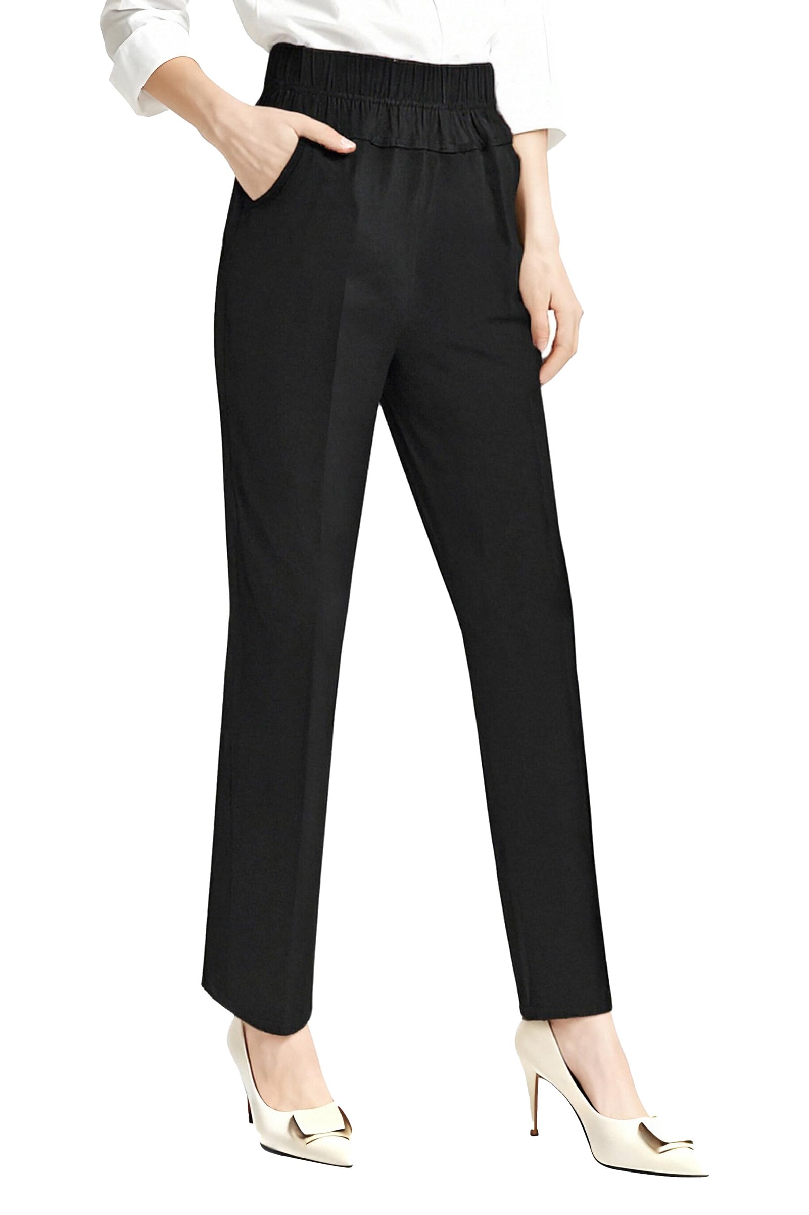 Soojun Womens Summer Elastic Waist Comfy Stretch Pull On Pants