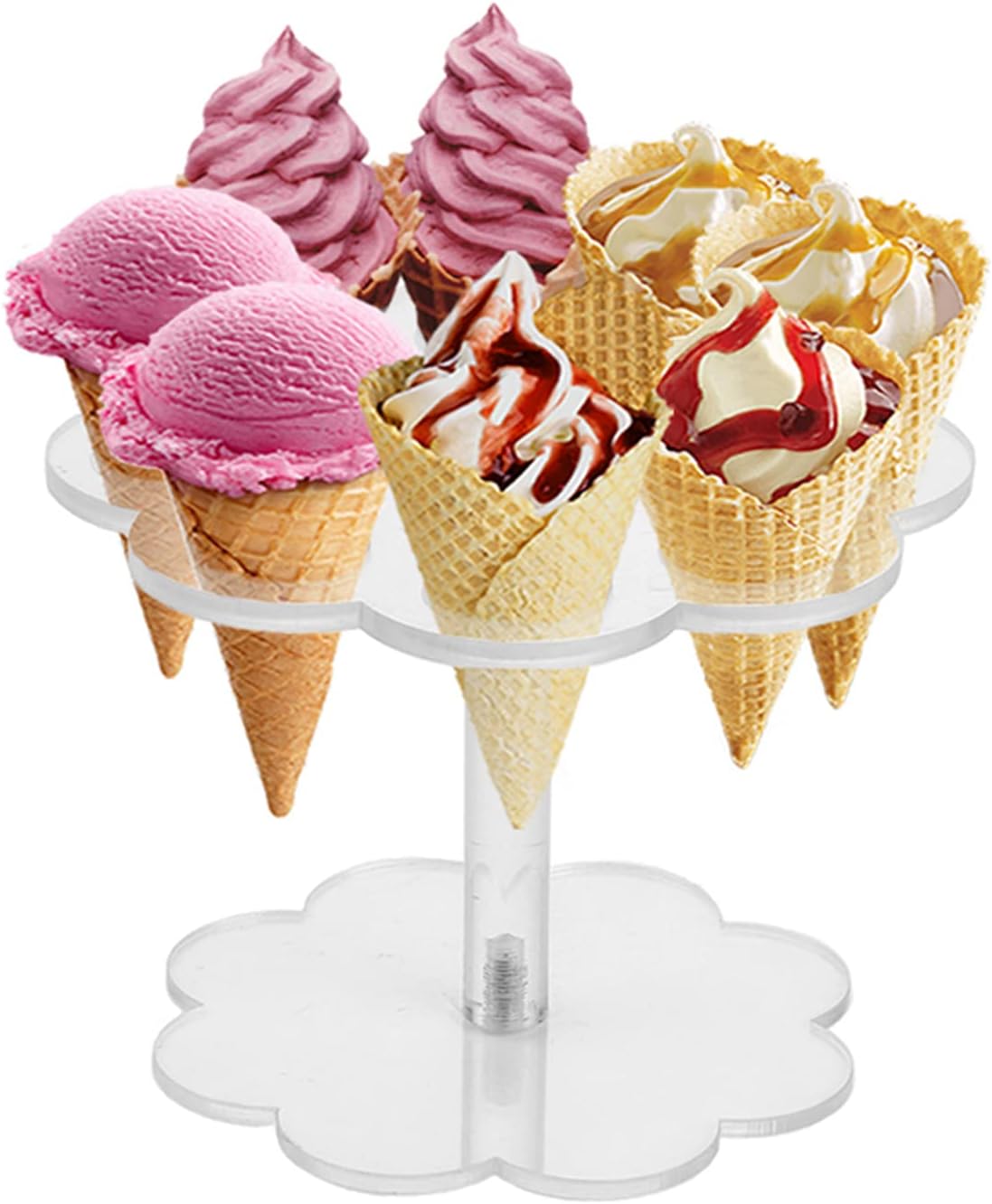 Ice Cream Cone Holder Stand with 8 Holes Capacity, Clear Acrylic Waffle Cone Holder for Mini Ice Cream Cones Snow Cone Hand Roll Sushi Popcorn Sweets Savory, Ice Cream Recipe Ebook Included