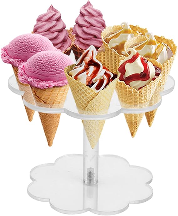 Clear Acrylic Ice Cream Cone Holder with 8 Holes, Waffle Hand Roll Sushi Decorative Stand Holders to Display Popcorn Sweet Savory Snow Cones Wedding Baby Shower Birthday Party Favors Halloween Candy