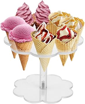 Clear Acrylic Ice Cream Cone Holder with 8 Holes, Waffle Hand Roll Sushi Decorative Stand Holders to Display Popcorn Sweet Savory Snow Cones Wedding Baby Shower Birthday Party Favors Halloween Candy