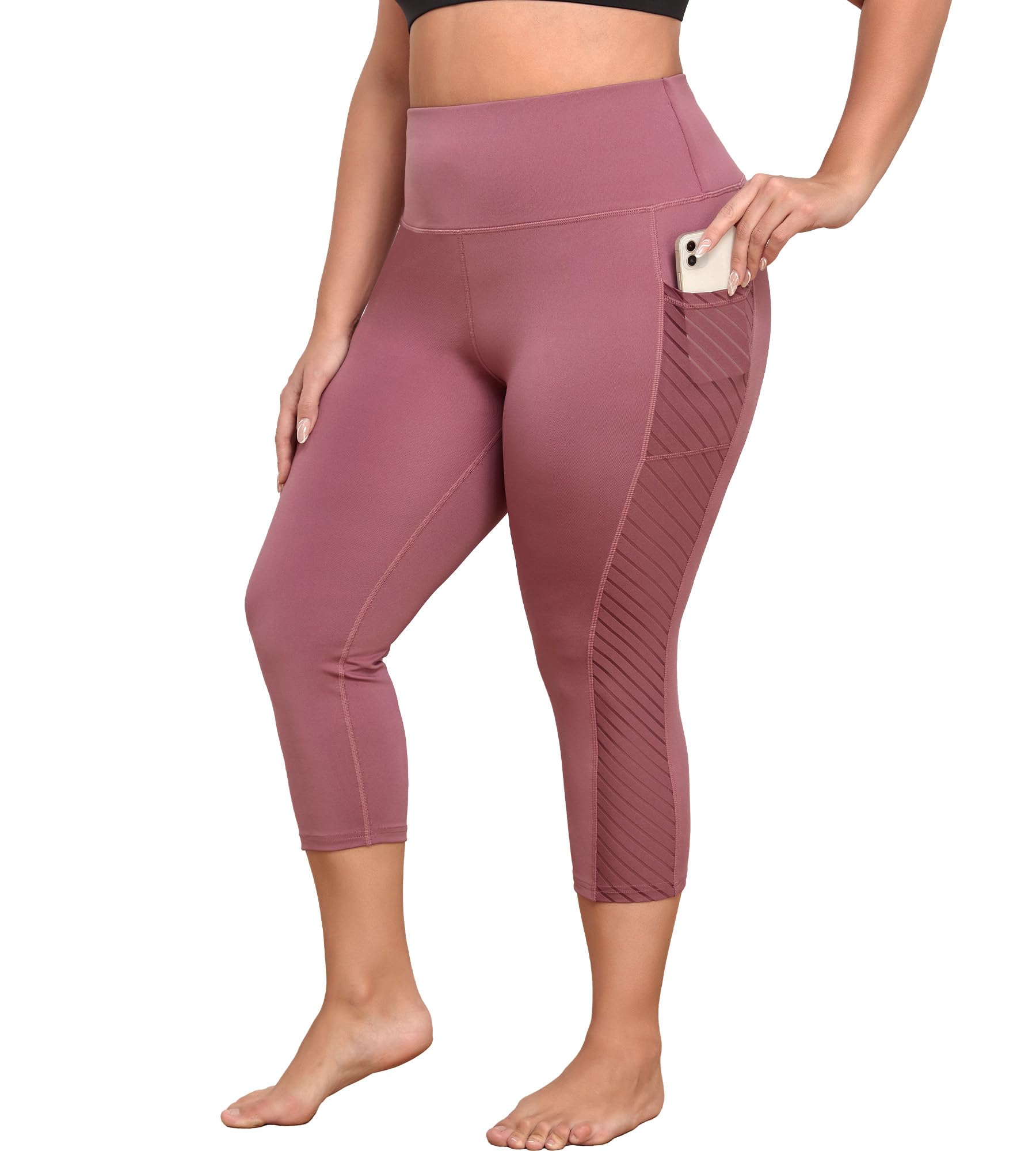 MEJING Plus Size Capri Leggings for Women with Pockets L-5X Workout Leggings Black Mesh Yoga Pants High Waisted Tummy Control