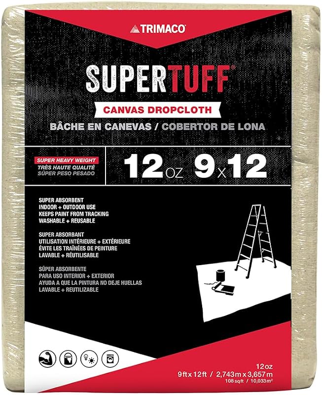 Trimaco SuperTuff 12 oz thick Premium Weight Canvas Drop Cloth, 9-feet x 12-feet