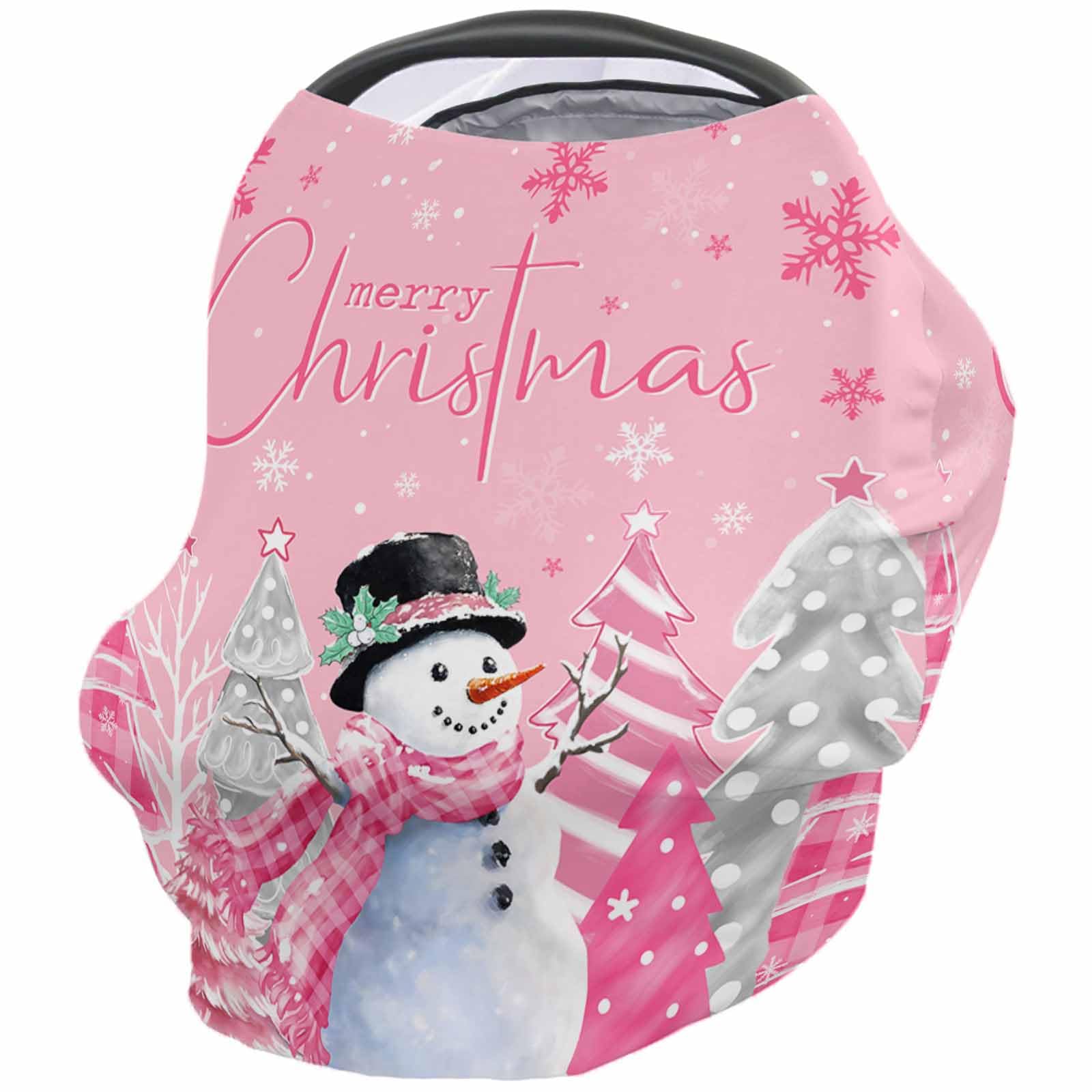 Nursing Cover for Breastfeeding Scarf, Merry Christmas Cute Snowman Xmas Tree Pink Snowflake Baby Car Covers Super Soft Multi Use for Canopy Shopping Cart Cover Blanket Stroller Cover
