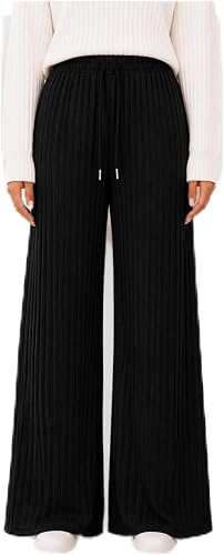 Ladies Black Ribbed Knit Wide Leg Pants