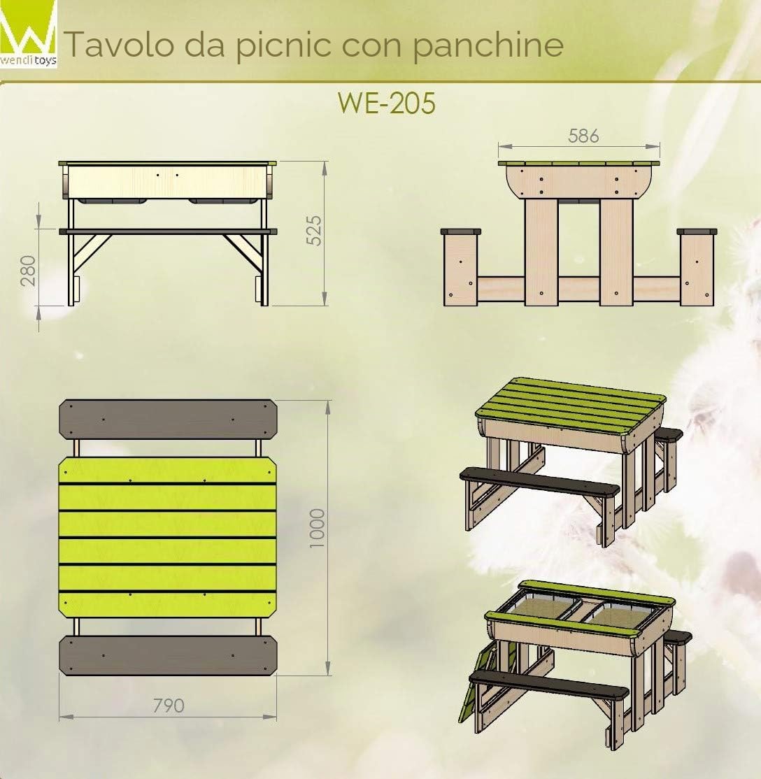 Tavolo da Picnic per Bambini da Esterno per Sabbia e Acqua con panchine