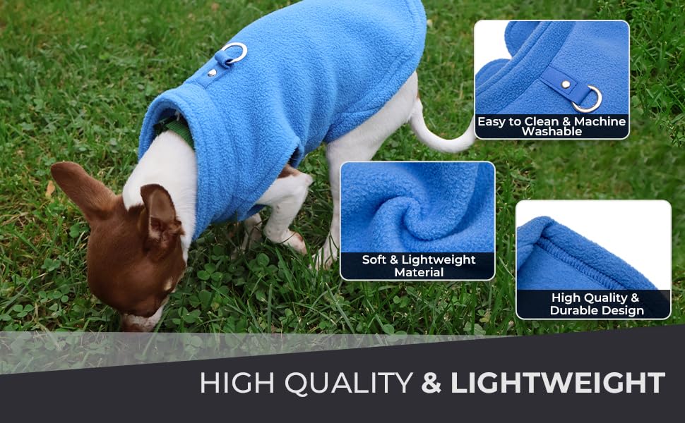 JACKO & CO - Fleece Vest Dog Sweater with Leash Ring - Soft, Warm & Lightweight Pullover Coat for Small & Medium Dogs, Puppies & Cats - Cozy Fall/Winter/Spring Pet Jacket (Blue, L 4.5-7.3kg)