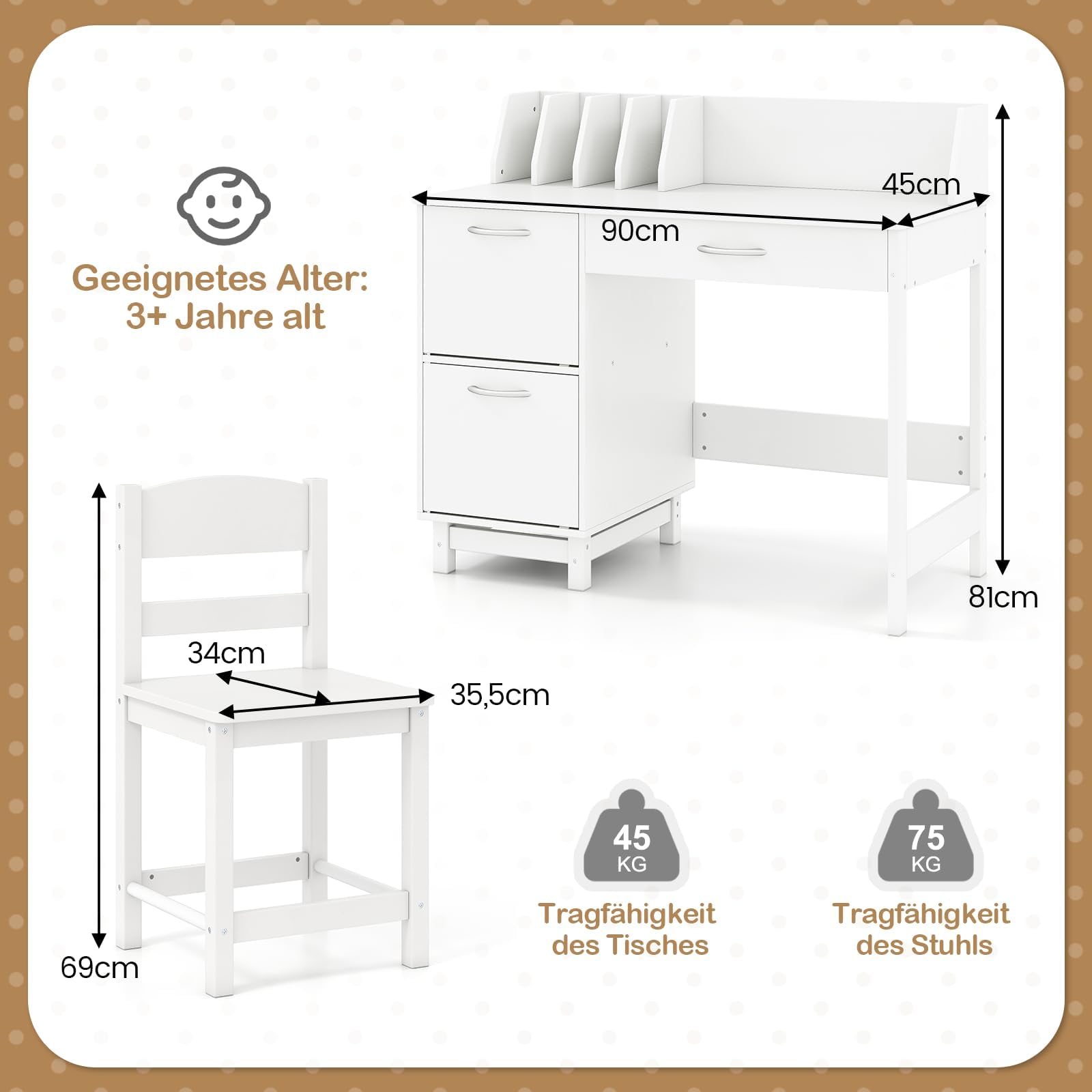 COSTWAY Schreibtisch Kinder Set mit Stuhl, Kinderschreibtisch mit Stauraum, Schülerschreibtisch mit Regal, offener Ablage & Schrank, Jugendschreibtisch für Jungen & Mädchen ab 3 Jahren (Weiß)