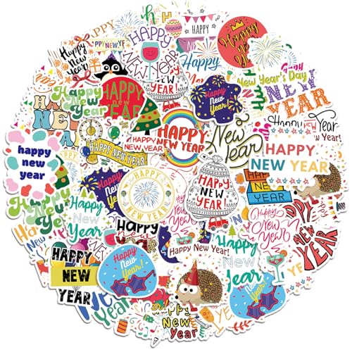 Happy New Year Stickers 100 PCS New Years Stickers Crafts for Kids Happy New Years Eve Party Sticker Bulk Waterproof Vinyl Water Bottle Sticker for 2026 New Year Decorations Party Favor Supplies