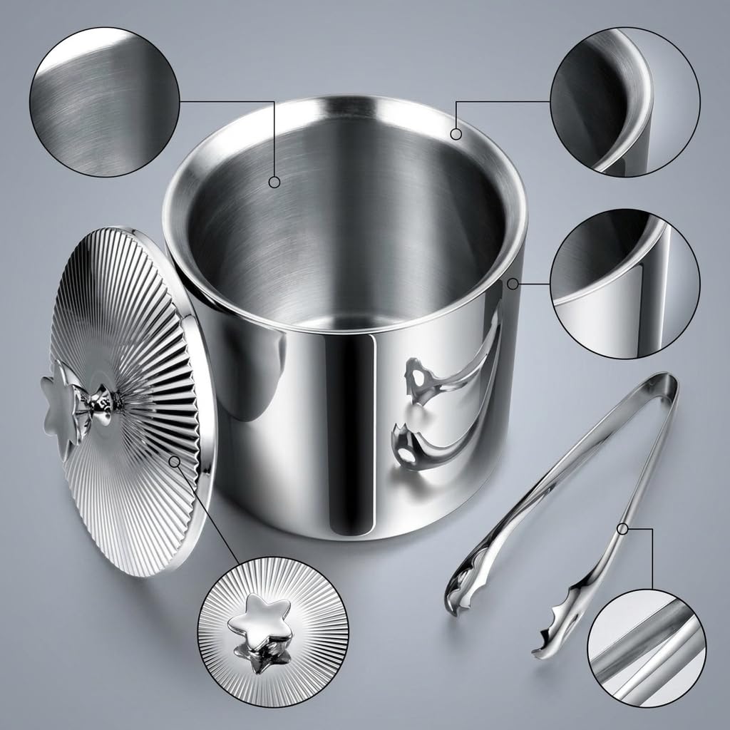 Homyl Hielera Inoxidable 304 con Tapa, Aislamiento Doble Pared, para Restaurantes, Estilo nórdico, Cubo de Hielo de Doble Capa con Tapa y Pinzas