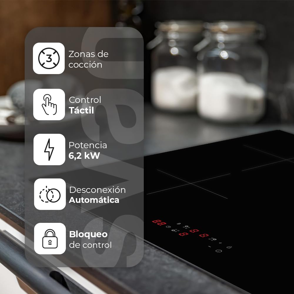 Svan Placa de Inducción Cristal negro SI3602B. Potencia máx. 6200 W, 3 Zonas de Cocción, 9 Niveles de Cocción, Control Táctil, Bloqueo y Autodesconexión de Seguridad