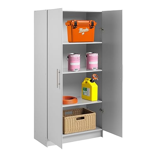 Armario de almacenamiento de garaje alto y armario de despensa Prepac Elite, armario de baño o despensa independiente de 2 puertas con estantes ajustables, 16" D x 32" W x 65" H, gris claro