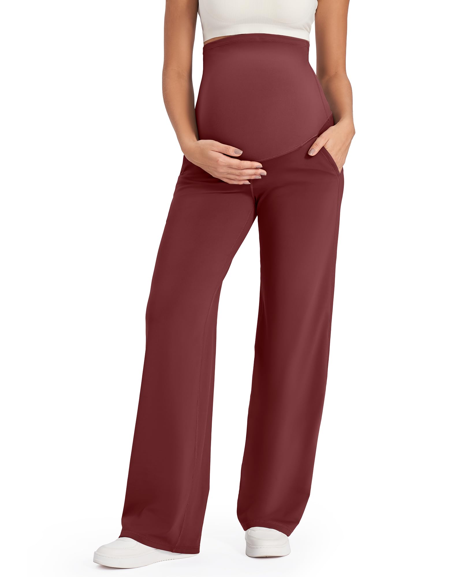 G4Free Maternity Pants Over The Belly Yoga Dress Work Pregnancy Pants Stretchy Lounge Wide Leg Trousers with Pockets