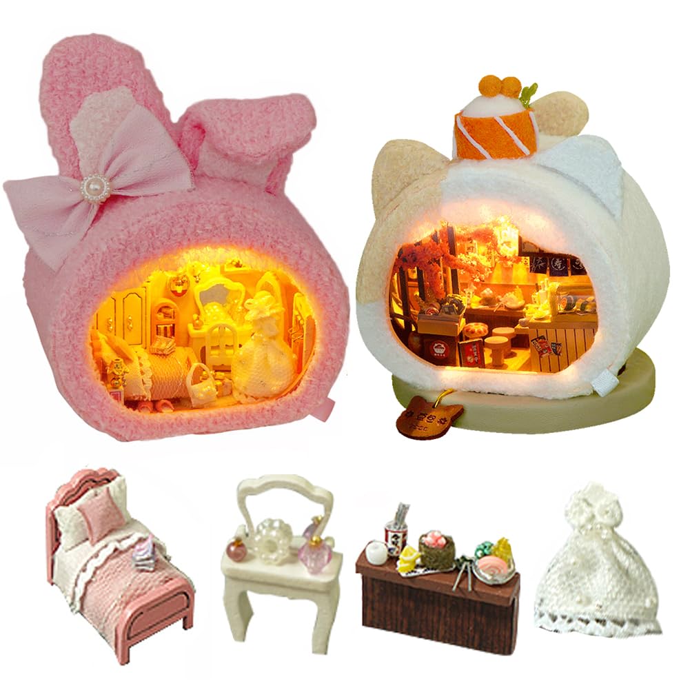 TOPBSFARNY TOPBSFARNY DIY Miniature House Kit, 2PCS Cute Animal Miniatures House Wood DIY Dolls House Miniature Model with LED Light Creativity Gift for Women and Adults