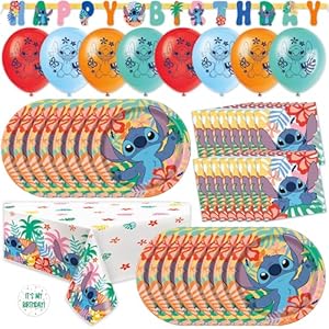 Lilo and Stitch Birthday Party Decorations for 16 | Banner, Tablecloth, Balloons, Plates and Napkins, Sticker | Stitch Birthday Decorations | Officially Licensed