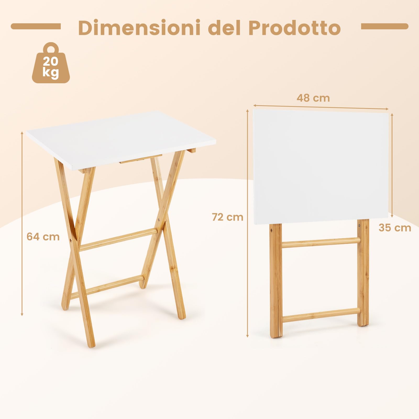 COSTWAY Set di 2 Tavolini Pieghevoli Laterale, Tavolino Portatile da Salotto Salvaspazio, Tavolo Laterale in Bambù, per Soggiorno Patio Terazza, Portata 20 kg, Senza Montare