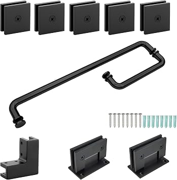Shower Glass Door Hardware Kits Accessories Hinged Matte Black | Swing Hinged Corner Shower Enclosure Parts, for 5/16 3/8 to 1/2" Thick Glass, Hinges, 8 inch and 20 inch Handle, Clamp