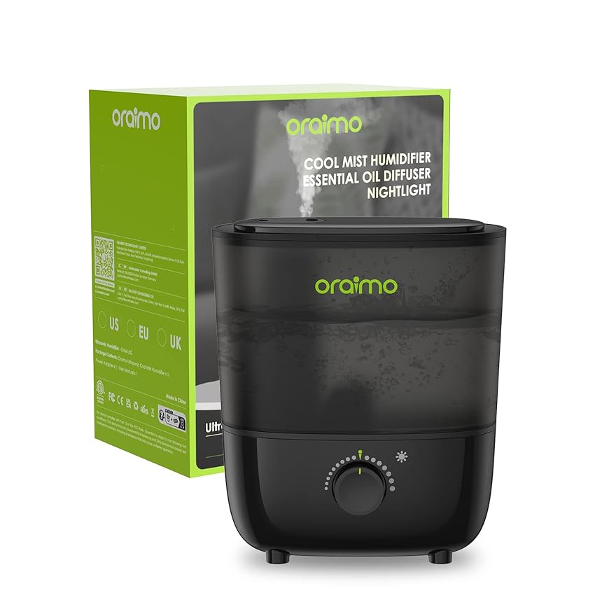 Immagine del prodotto Oraimo Umidificatore ambiente, Top Fill, Umidificatore ultrasuoni a Nebbia Fredda per bambini e piante, senza BPA, con diffusore di oli essenziali 26dB umidificatore silenzioso, con luce 2.5L (Nero)