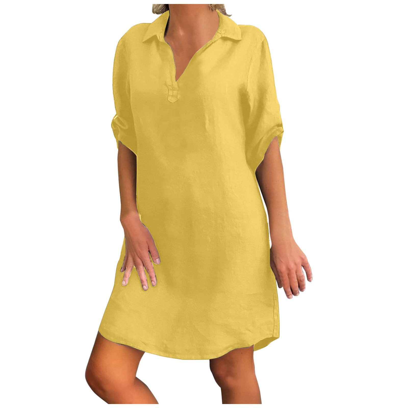 ZeiayuasDresses for Women UK Clearance Summer Midi Dresses Casual Loose  Sundress V-Neck Solid Half Sleeve T Shirts Dress Beach Holiday Knee Length