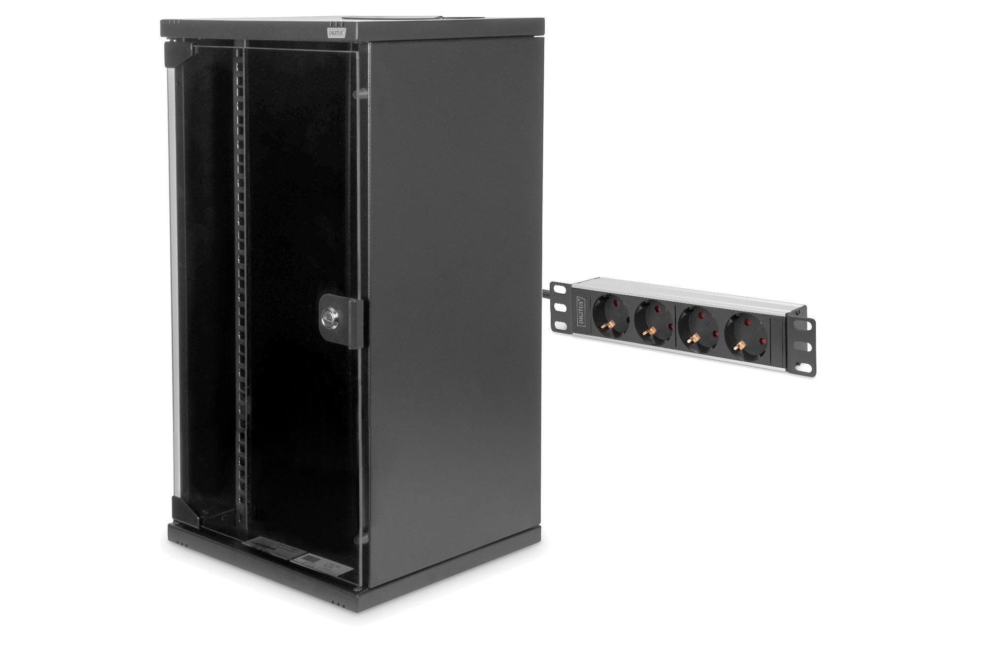 DIGITUS Set: Armoire réseau 10" 12U + Bloc multiprise PDU 4 Ports // Rack 10 Pouces - Montage Mural - h x l x p 592 x 312 x 300 mm - Charge 30kg - Profondeur utile 240mm - Noir