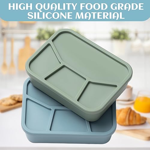 Miniatura 5 de Lonchera Bento de silicona, 2 unidades, a prueba de fugas, con 4 compartimentos, caja de almuerzo rectangular de silicona, 2 colores