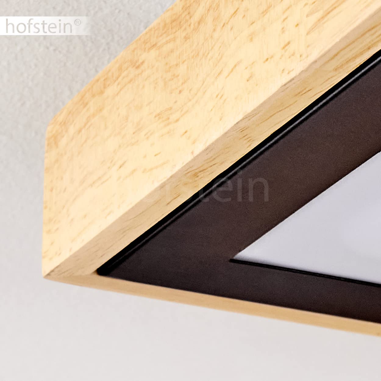 Plafonnier LED Corinto, lampe en métal noir/bois naturel/plastique blanc, luminaire scandinave idéal dans un séjour modern, 18 Watt, 1820 Lumen, 3000 Kelvin