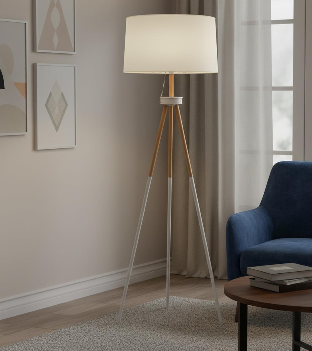 BEL AIR HOME - Lampada da Terra Soggiorno NAPOLI, Treppiede a 3 gambe 1 x E27 (Lampadina non inclusa) Design Moderno in Metallo e Legno, Ideale per Salotto e Camera (BIANCO)