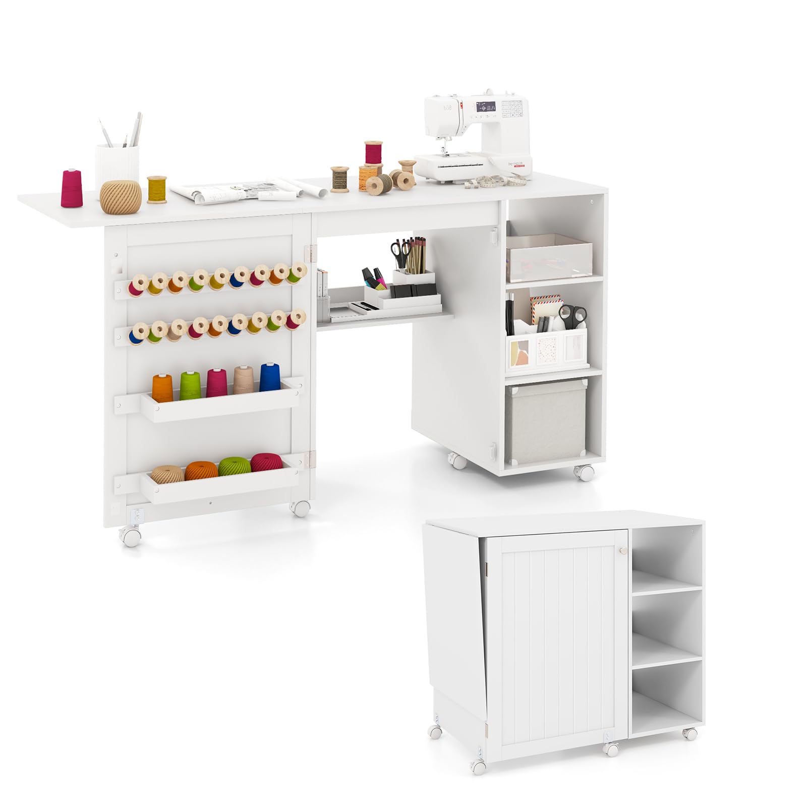 LIFEZEAL Table de Couture Pliante, Armoire de Couture avec 2 Compartiments, 18 Crochets, 4 Étagères, Roues Universelles, Meuble Machine à Coudre, Bureau Ordinateur