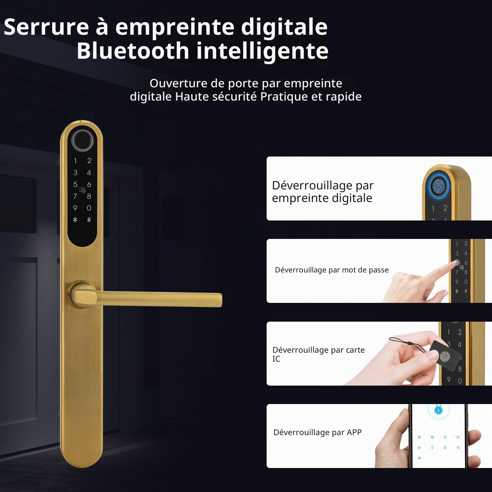 Serrure de porte intelligente avec empreintes digitales, serrure intelligente avec poignée, serrure de porte numérique, poignée de porte intelligente avec empreinte digitale (doré)