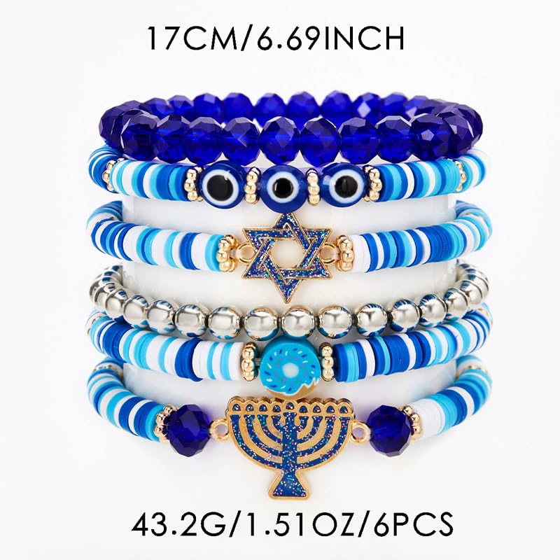 Hanukkah Bracelets Menorah Dove Star of David Evil Eye Clay Beaded Stretch Bracelets Layering Blue White Heishi Beaded Friendship Stackable Bangles for Women Men Jewish Hanukkah Holiday Jewelry