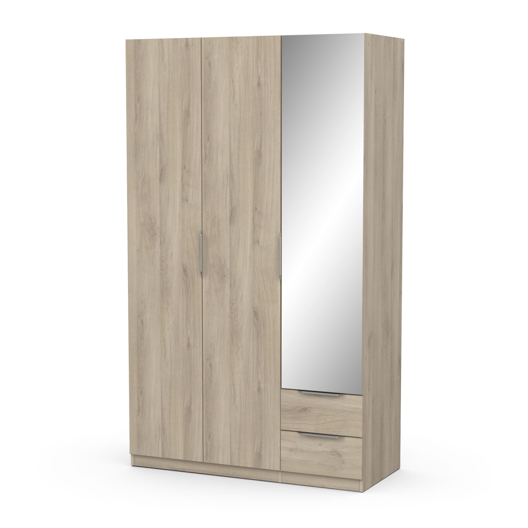 Demeyere 391391 Armadietto Guardaroba con Specchio e Armadio Moderno a 3 Ante 2 Cassetti 4 Nicchie, Colore Rovere Kronberg, 119.4 x 51.1 x 203 cm, Legno Ingegnerizzato, Grigio
