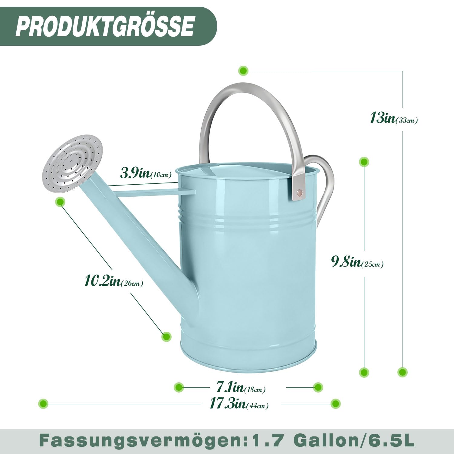 Jasnoniebieska metalowa konewka 6,5 l do roślin zewnętrznych i wewnętrznych, metalowa puszka na wodę ze zdejmowaną wylewką, ruchomy górny uchwyt, odporny na rdzę garnek do podlewania do ogrodu