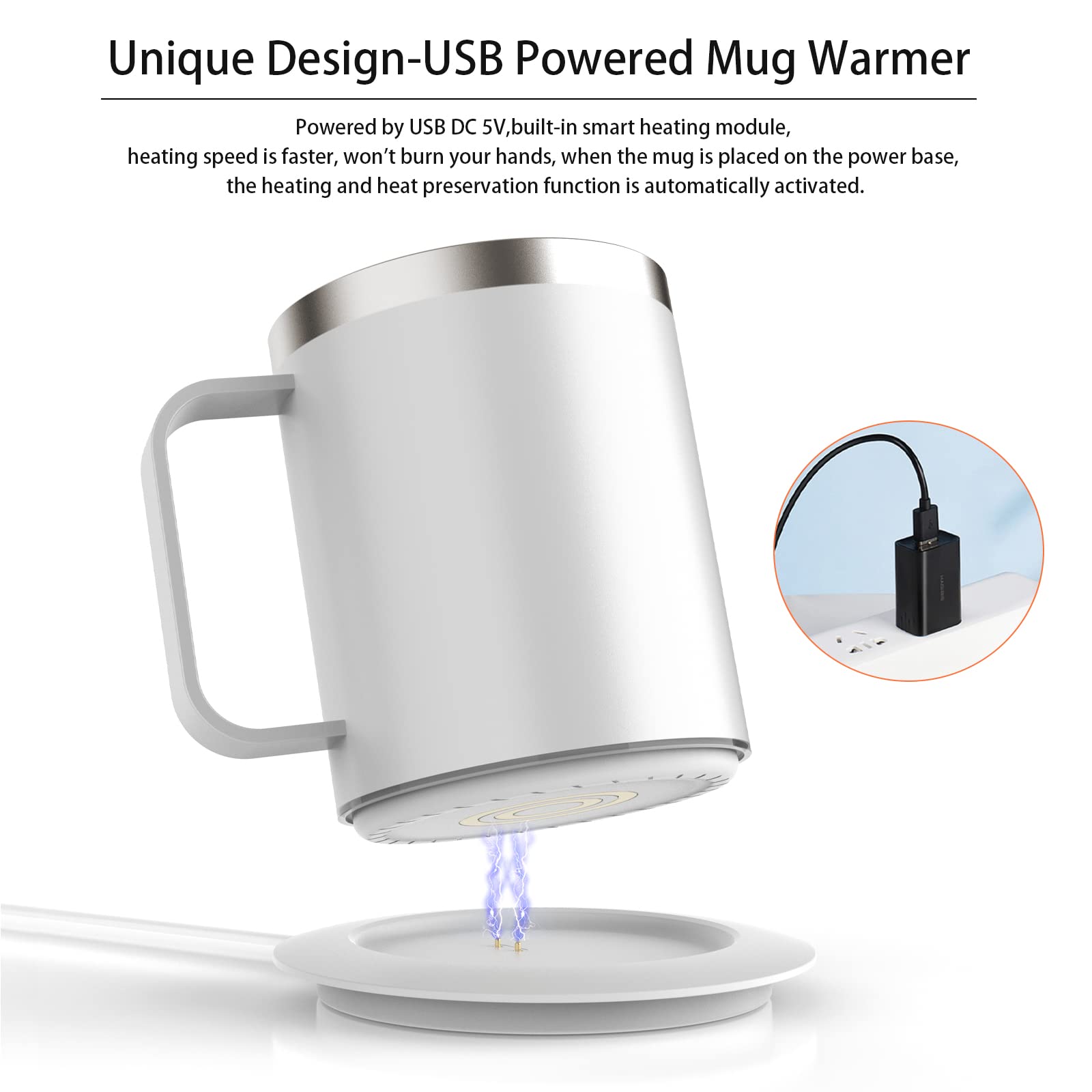Calentador de taza de té y café USB con taza aislada de acero inoxidable de doble capa de 12 onzas y tapa de calentamiento de hasta 131 °F a 149 °F para escritorio, oficina en casa (blanco) 2