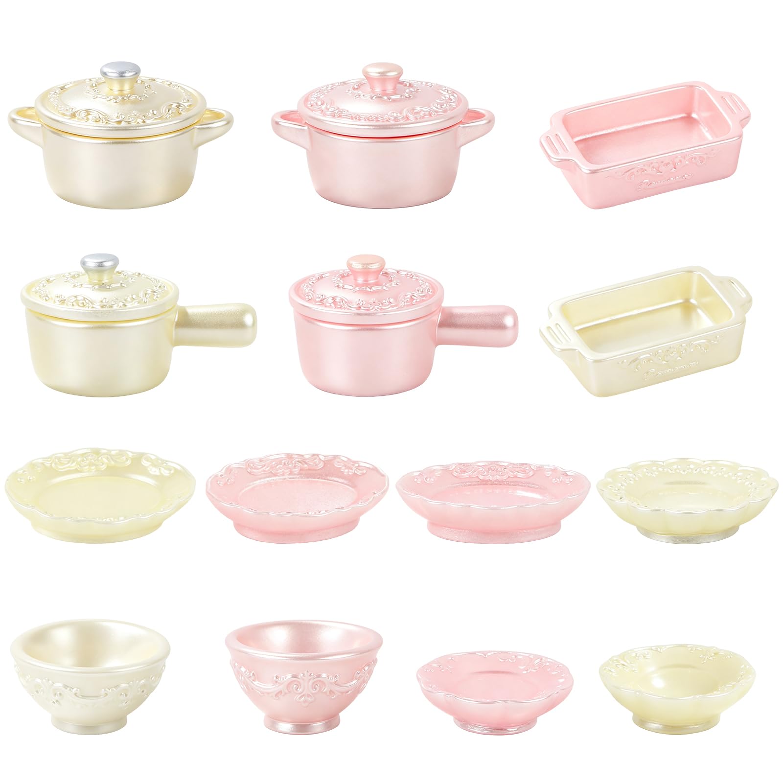14Pcs Miniature Pot and Pan Set, Dollhouse Kitchen Cookware, Carved Tableware, Mini Resin Kitchen Accessories for Dollhouse Kitchen Decor, Micro Scene Props & DIY Miniature Garden