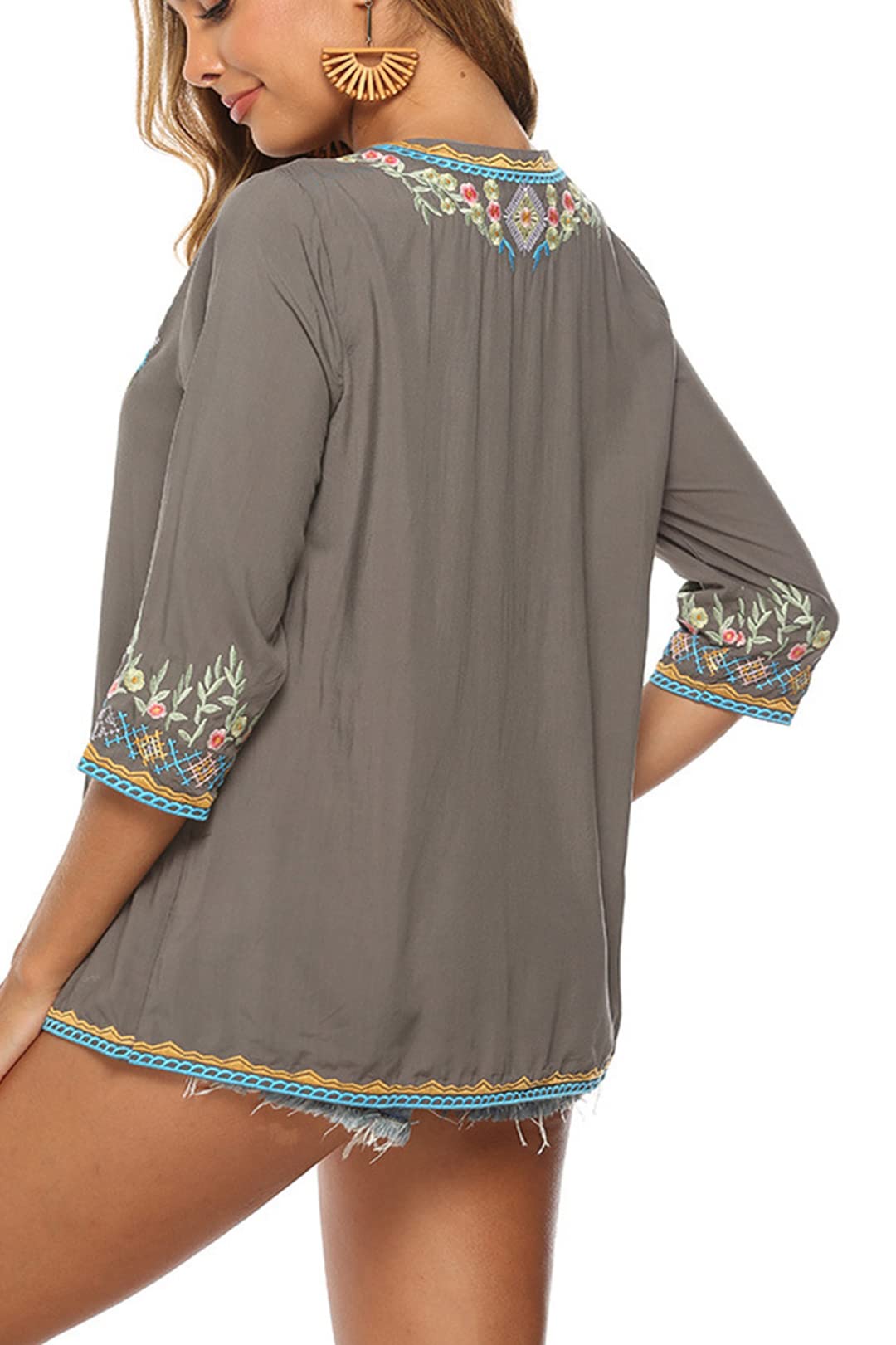 Generic Camicetta da Donna con Scollo a V Manica a 3/4 Camicetta con Ricamo Tunica Camicie Casual Larghe da Contadino Boemo