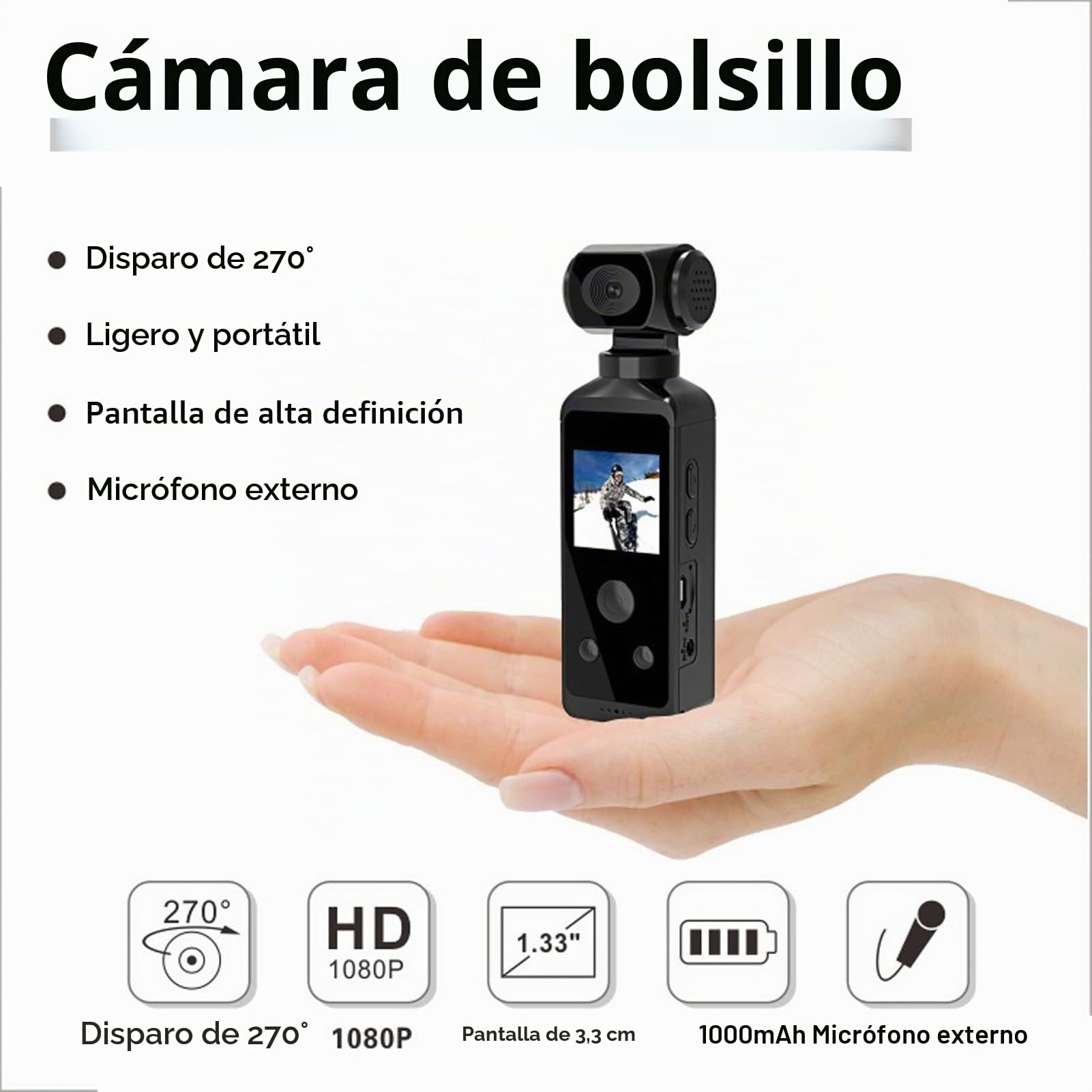 Cámara de Acción de Mano, 4K 270 ° Rotación 30M Cámara de Bolsillo Impermeable WiFi, con Clip de Micrófono, Pantalla de 1.3 Pulgadas, para Filmar Viajes Vlog Video Equitación Buceo