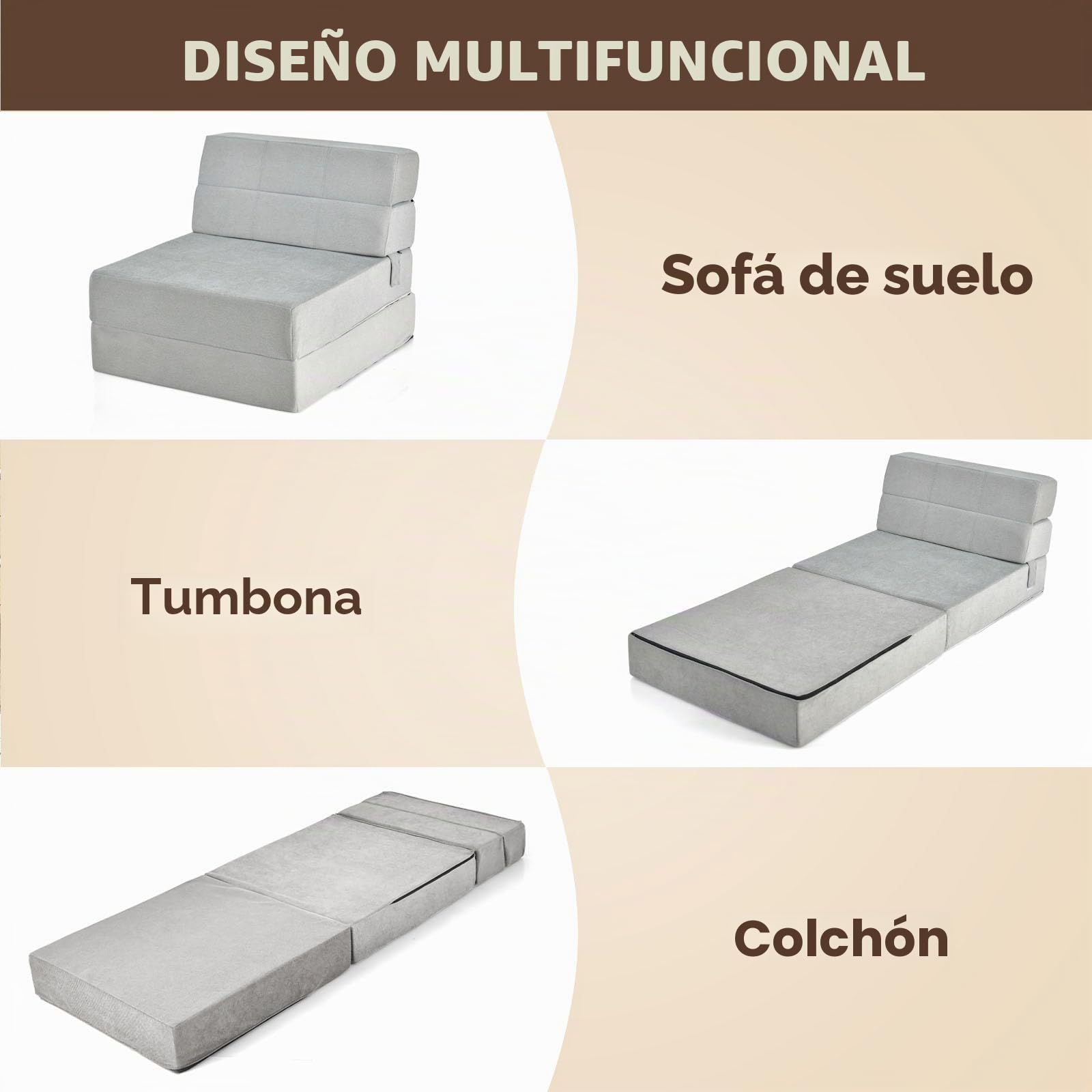 GOPLUS Sofá Cama Plegable 3 en 1, Sillon de Suelo con Funda Extraíble y Lavable, Colchón Plegable de Espuma de Densidad de 15 cm, Sofá Cama Convertible para Salón, Dormitorio (Gris)