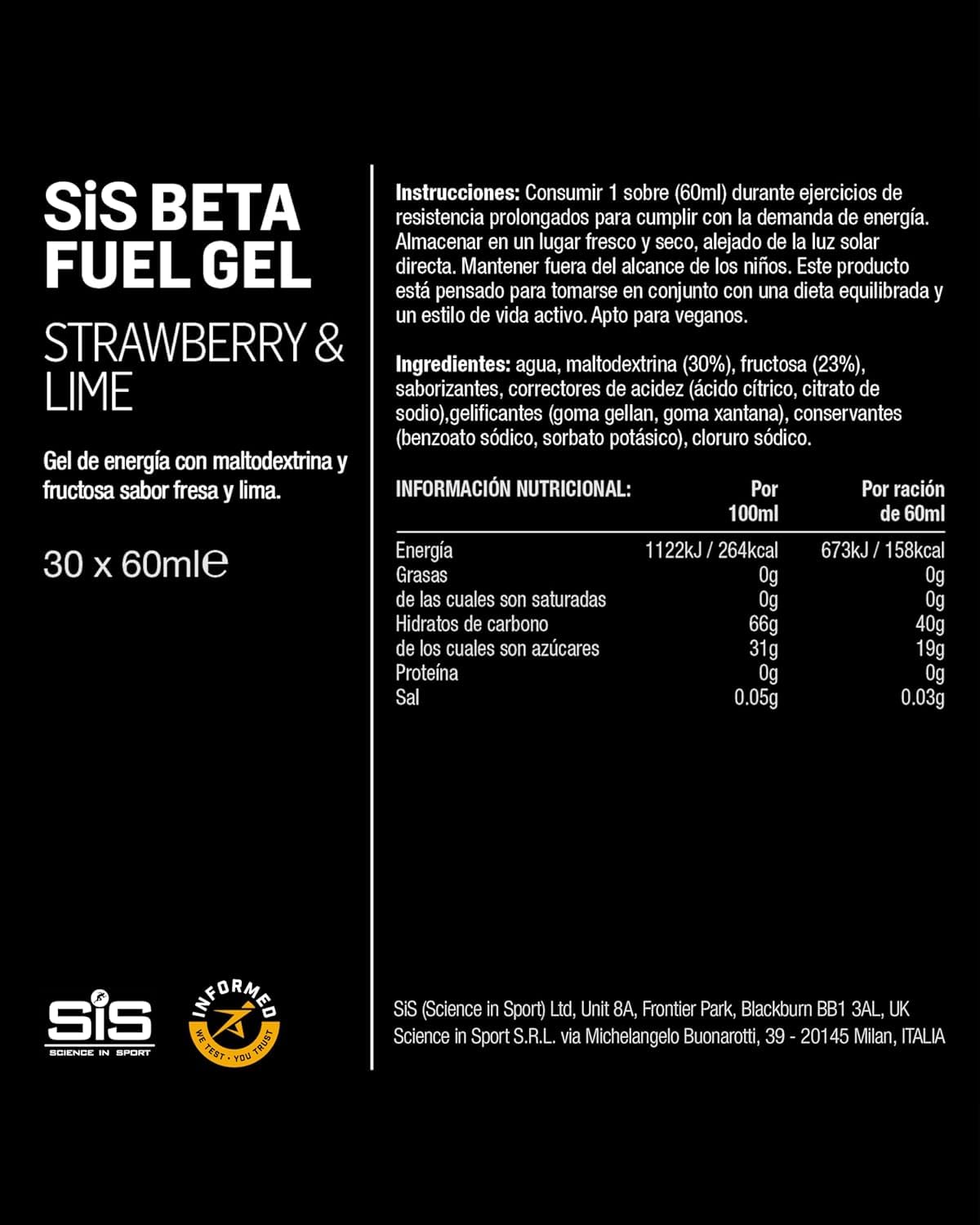 Science in Sport Beta Fuel Gel 30 x 60ml Fraise & Citron Vert - Gel de Glucides Riche en Énergie avec 40g de Glucides, Gel Énergétique Facilement Digestible pour une Performance Optimale