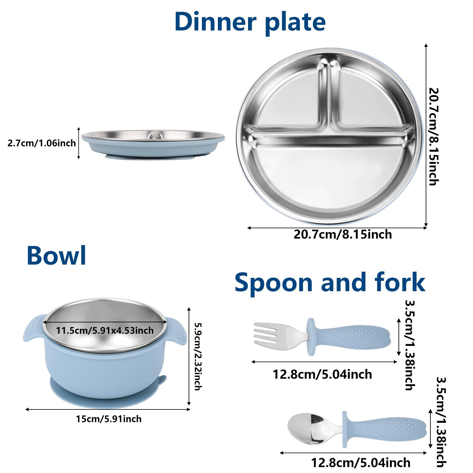 lasuroa 4pcs Stainless Steel Baby Plates Set, Including 1 Partitioned Child Plates with Suction, 1 Double Handle Bowl - Image 2