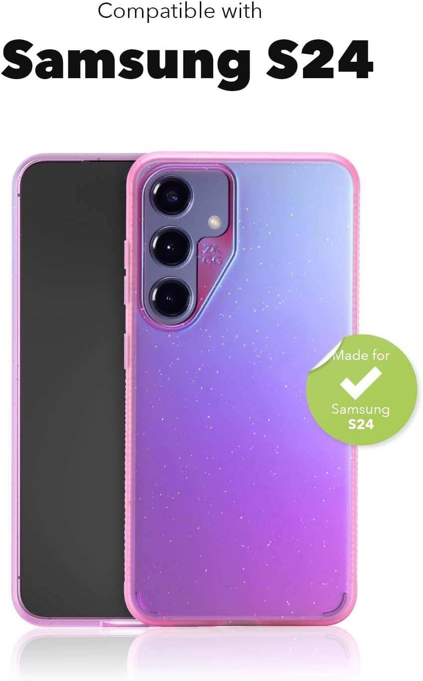 ZAGG Milan Samsung Galaxy S24 Case - Semi-Transparent, Runway-Inspired Design, Graphene Reinforced, 13ft Drop Protection, Eco-Friendly, Wireless Charging Compatible, Gltter Pink