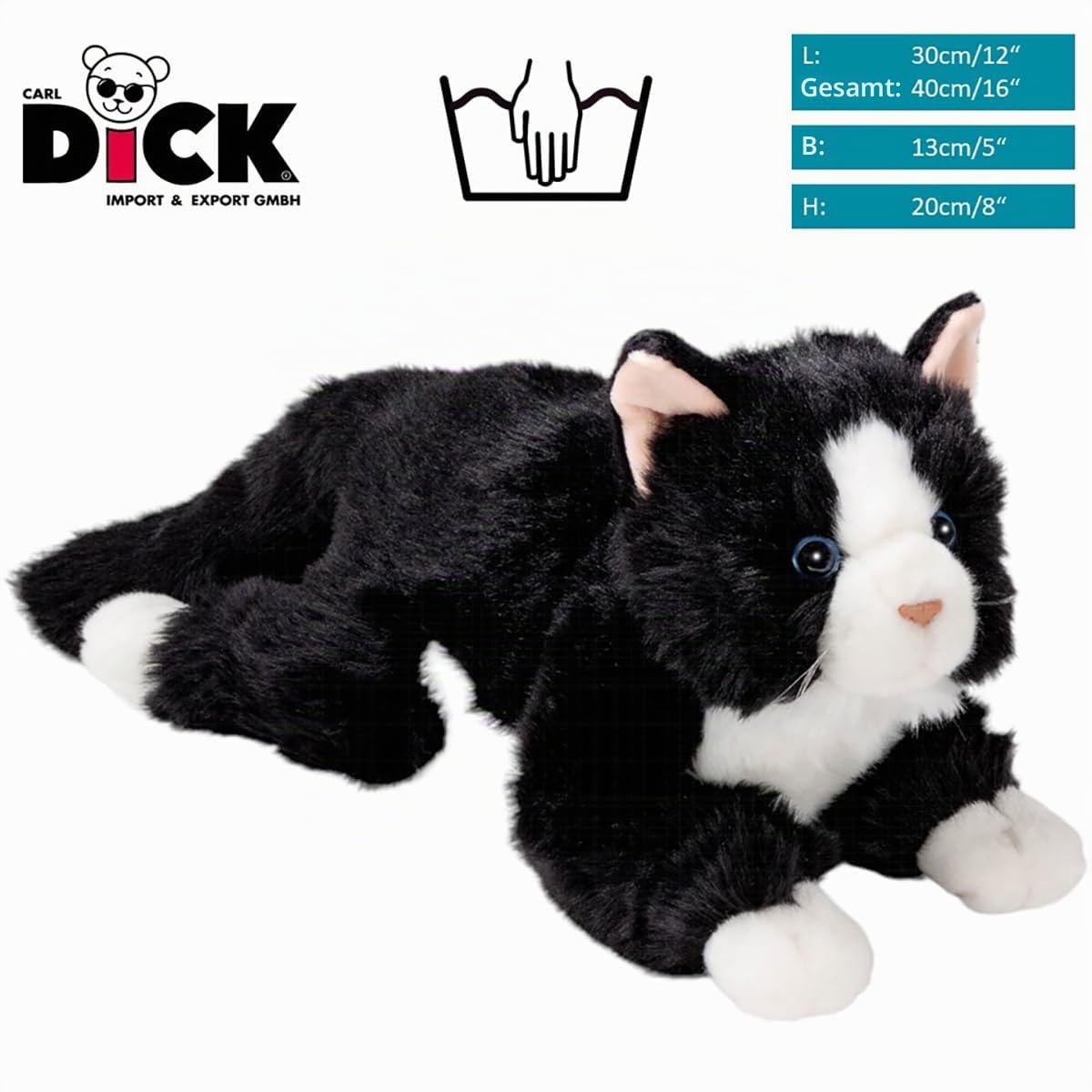 Carl Dick Katze liegend, schwarz-weiß, Plüschtier, Kuscheltier, ca. 30cm, 40cm Gesamtlänge 3558