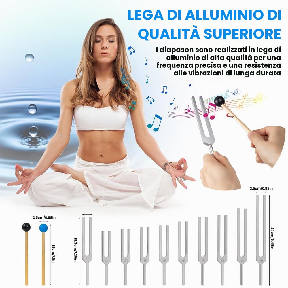 Diapason Neurologico,Set di 10 pezzi con base + 2 martelli in silicone e panno per la pulizia, diapason ideale per la guarigione dei chakra, la guarigione del suono e l'antistress.